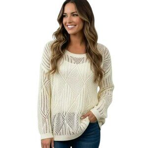 Boho Crochet Sweater Open Weave Cream S/M/L Lightweight Layering Coastal